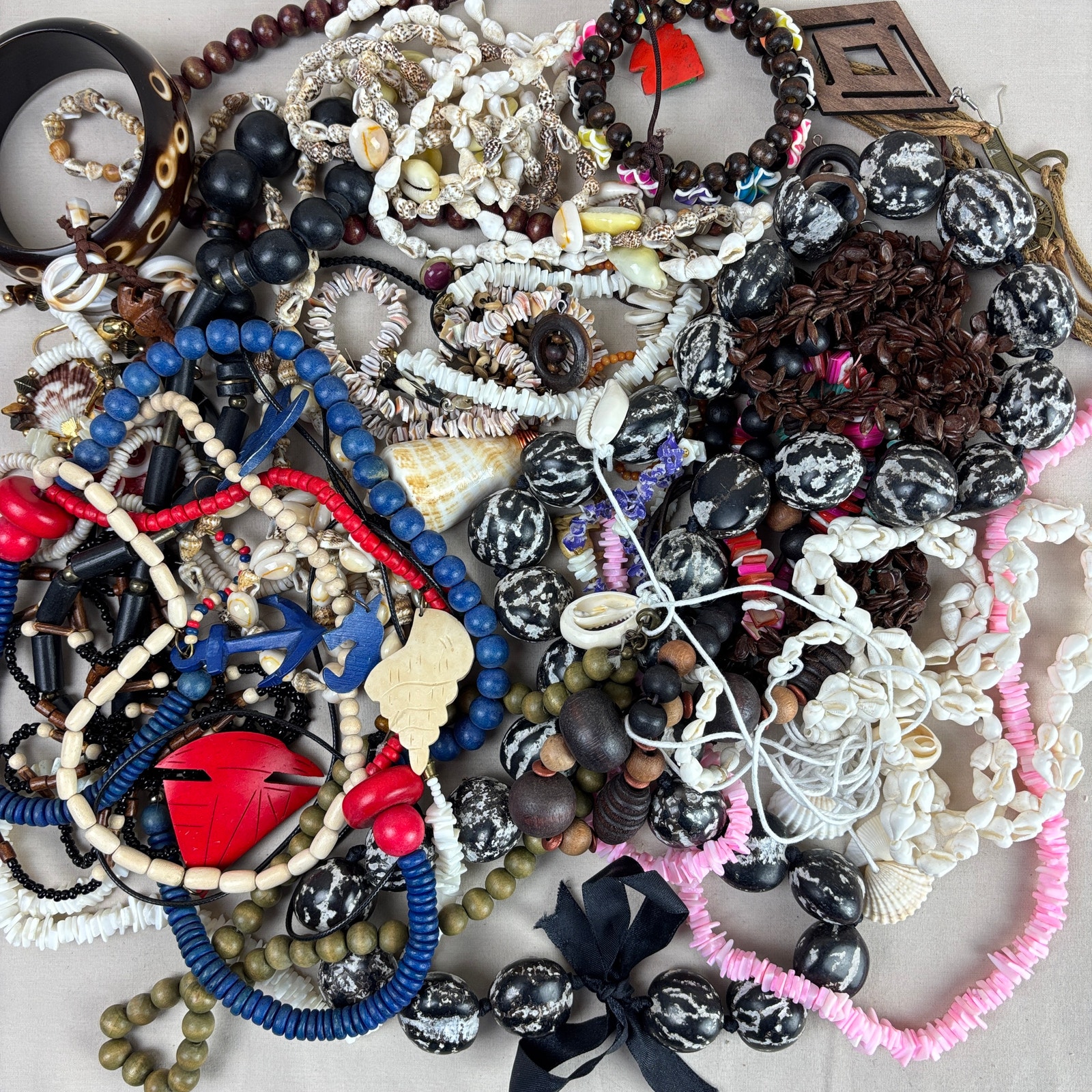 Craft Jewelry Lot - 2 Lbs Wood Shell Beads Necklaces Bracelets Coastal Beach